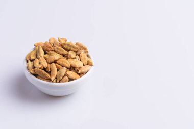 Beyaz bir kase kuru Kakule pod Açı görünümü, beyaz arka plan üzerinde izole, latince terim Elettaria kakule