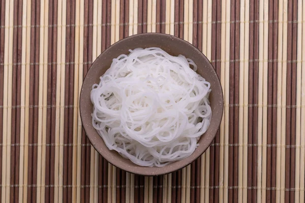 Cooked Rice Noodles Thai Style Bowl Isolated Wooden Background — Stock Photo, Image