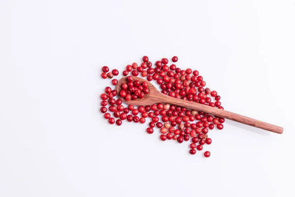 Dřevěná Lžíce Růžového Pepře Brazilská Pepřenka Pepřová Paprika Schinus Terebinthifolius — Stock fotografie