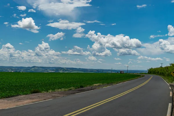 Increíble Paisaje Plantación Soja Cerca Carretera Con Cielo Dramático Tibagi — Foto de Stock