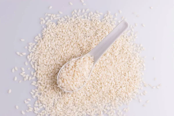 Italian Risotto Rice White Ceramic Spoon White Background — Stock Photo, Image