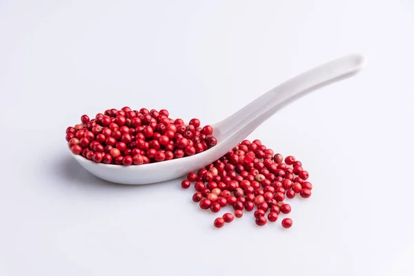 White Ceramic Spoon Pink Pepper Brazil Pepper Rose Pepper Schinus — Stock Photo, Image