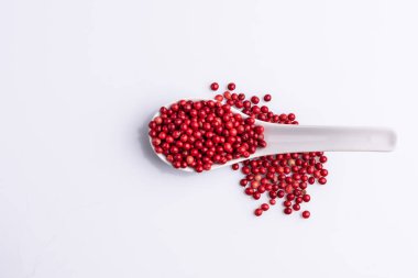 Pembe Biber Beyaz seramik kaşık, Brezilya Biber, Gül biber, beyaz arka plan üzerinde Schinus terebinthifolius tohumları