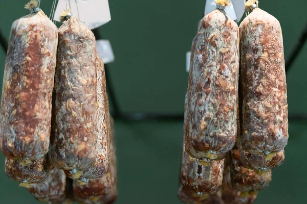 close-up view of raw sausages in market