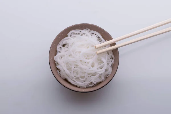 Cooked Rice Noodle Thai Style Bowl Chopsticks Isolated White Background — Stock Photo, Image