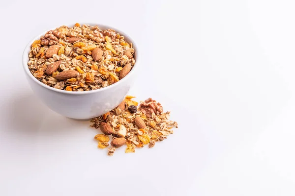 Angle View Granola Muesli Nuts Rasins White Bowl White Background — Stock Photo, Image