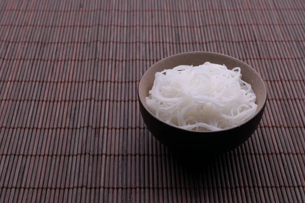 Cooked Rice Noodles Thai Style Bowl Isolated Wooden Background — Stock Photo, Image