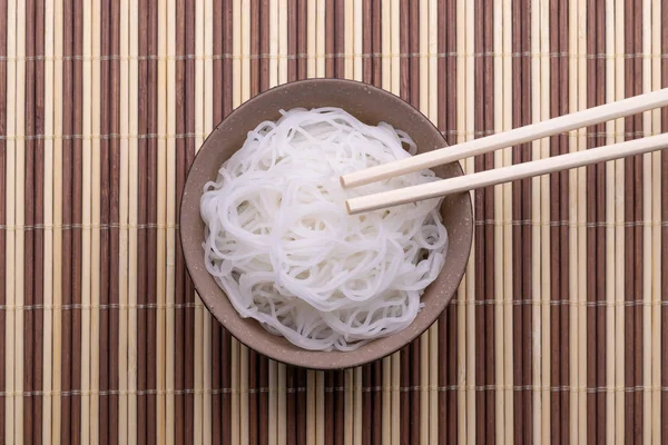 Cooked Rice Noodles Thai Style Bowl Chopsticks Isolated Wooden Background — Stock Photo, Image