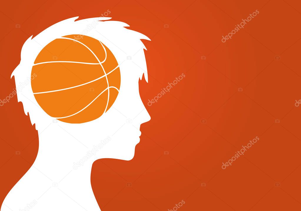 Head line of young person with basketball symbol inside. 