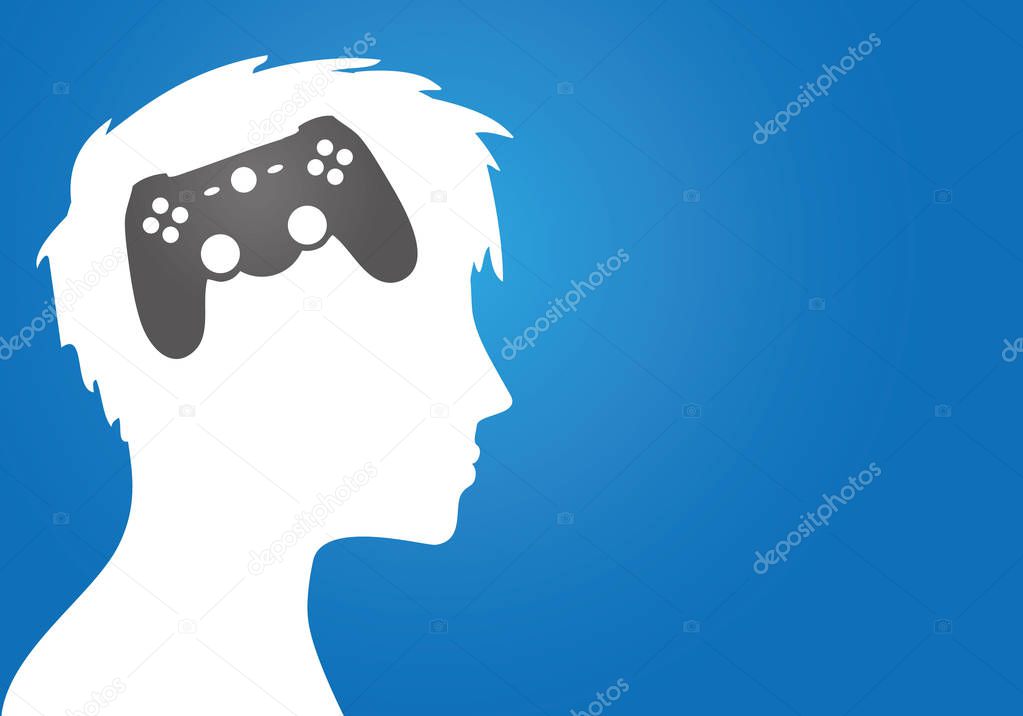 Head of young person with game joystick symbol inside. 