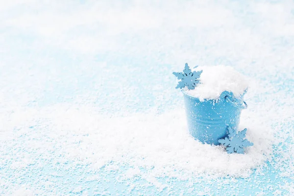 Little Blue Pail Snow Snowflakes Pastel Snowy Background Hello Winter — Stock Photo, Image