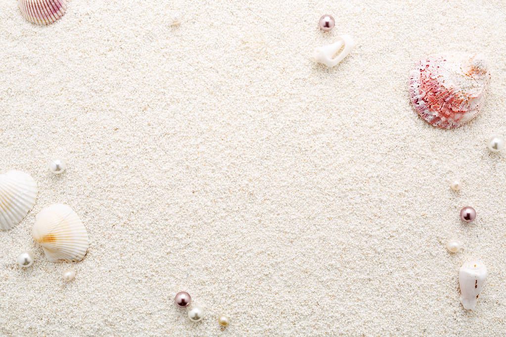 Summer frame of seashells & pearls on white beach sand. Pastel background, copy space, top view. Relaxation Spa concept.