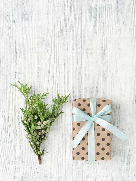 Подарочная Коробка Завернутая Коричневую Бумагу Зеленую Ветку Фоне Белого Дерева — стоковое фото