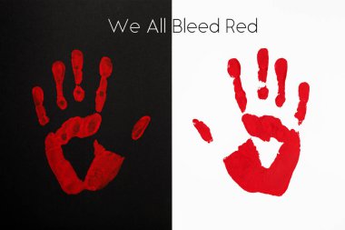 Siyah ve beyaz arkaplanda kırmızı avuç izi var. Üzerinde 