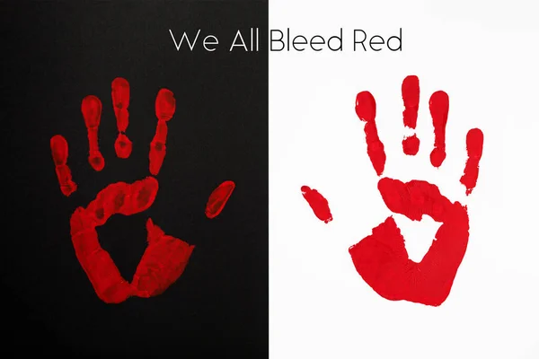 Czerwony odcisk dłoni na czarno-białym tle z napisem We All Bleed Red — Zdjęcie stockowe