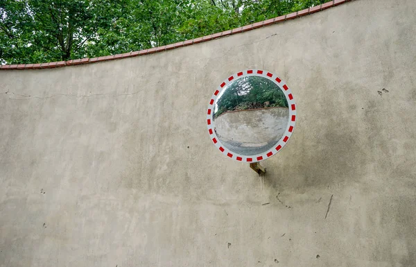 Duvarın önünde bir yuvarlak ayna ile yeşil ağaçlar