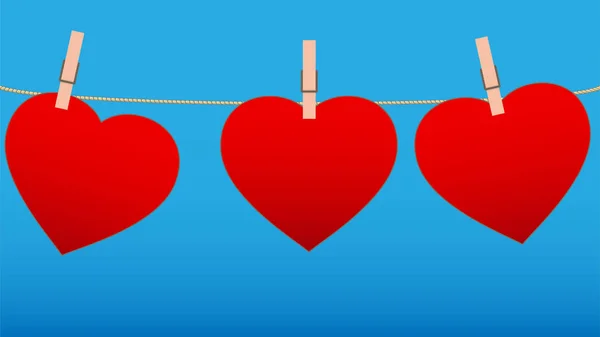 Três corações para o dia dos namorados pendurados em uma corda — Vetor de Stock