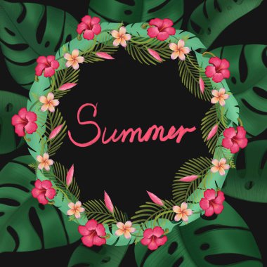 Yaz satış afiş egzotik orman bitki ve çiçekler, palm ile siyah arka plan üzerine bırakır. Tasarım arka plan indirim