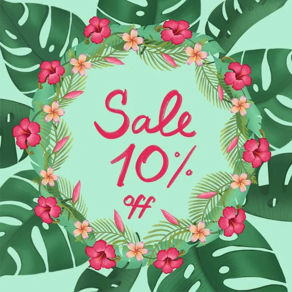 Sale poster discount ten 10% percent off special offer. Promotion banner with palm leaves, jungle leaf and handwriting lettering. Floral tropical summer background