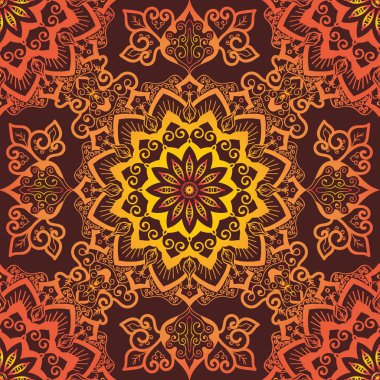 Turuncu Mandala desen. Dekoratif yuvarlak süsleme kırmızı zemin üzerine. Yuvarlak geometri süsleme el çekilmiş. Islam, Arapça, Hint tarzı