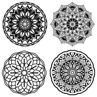 Mandalalar siyah beyaz dekoratif vintage çiçek kümesi. Vektör çizim. Anahat elle çizilmiş.