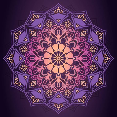 Mor mandala koyu arka plan süs desende. Dekoratif ve süs öğesi. Vektör çizim kumaş, tekstil, duvar kağıdı ve yüzey tasarımı