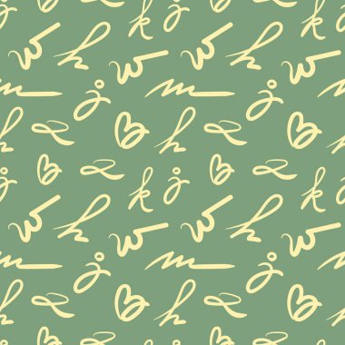 Dikişsiz desen doodle komut dosyası alfabesinin yeşil arka planda. El çizim nesnesini