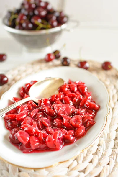 Composta Ciliegie Appena Cotta Una Tazza — Foto Stock