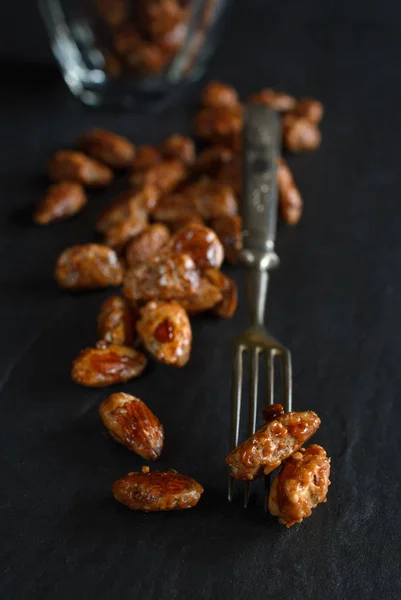 Homemade Roasted Almonds Slate Plate — Stock Photo, Image