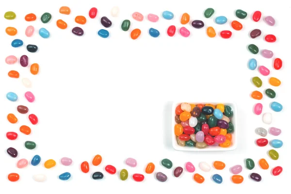 Jelly Bean Sweets Rectangular Bowl Frame White Background Isolated Flat — Stock Photo, Image