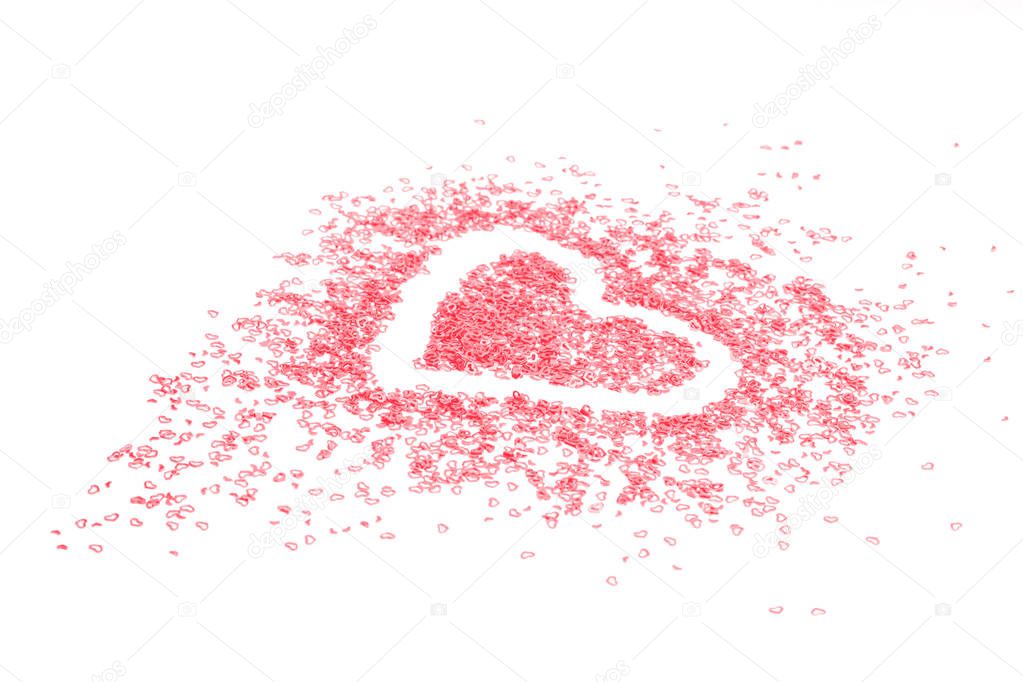 Heart shaped confetti red monochrome background. Passion, love and feelings St Valentine's celebration concept with copy space