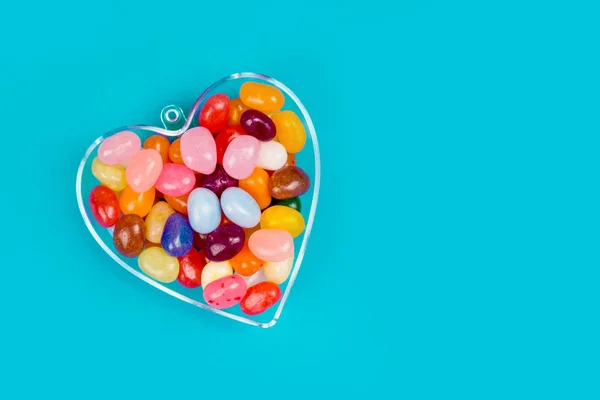 One Heart Colorful Sweet Candies Blue Background Flat Lay Copy — Stock Photo, Image