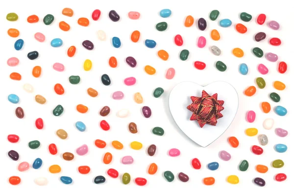 Jelly Bean Sweets Heart Gift Box Background Flat Lay — Stock Photo, Image