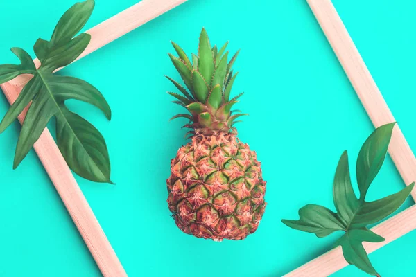 Baby pineapple with frame on mint background — Stock Photo, Image