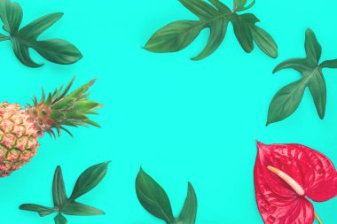 Ananas, çiçek ve yaprak kenarlığın üzerine nane arka plan