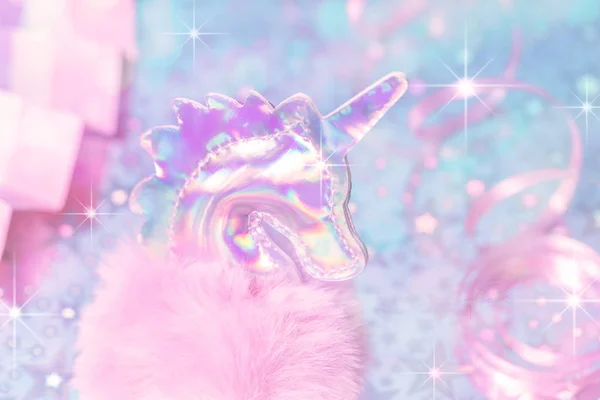 Tarjeta de felicitación holográfica brillante del unicornio — Foto de Stock