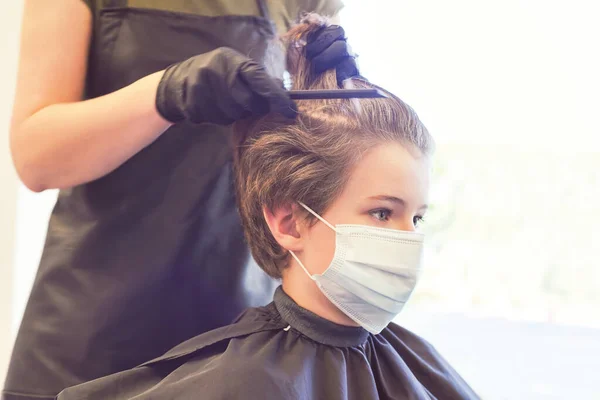 Caucasian Boy Getting Hair Cut Barbershop Wearing Mask Rofessional New — Stock Photo, Image