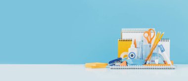 Ofis grubu ve okul sarı ve mavi kırtasiye masasında. Okula dönüş ya da eğitim ve zanaat konsepti. Seçici odaklanma. Boşluğu kopyala