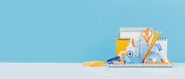 Group of office and school yellow and blue stationery on desk. Banner for back to school or education and craft concept. Selective focus. Copy space clipart