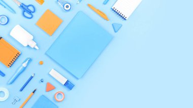 Sınır olarak pastel arka planda çeşitli ofis ve okul beyaz turuncu ve mavi kırtasiye ürünleri. Okula dönmek ya da eğitim ve zanaat konsepti için fotokopi alanı olan bir daire. Mavi bayrak