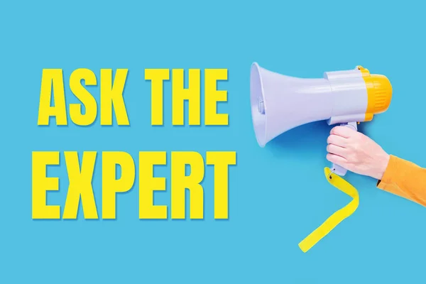 Ask the expert message with megaphone in a hand. Poster. Advice or tips and assistance or consultants services concept