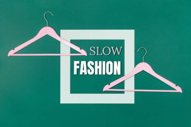 Slow Fashion metni ve yeşil arka planda iki boş elbise askısı. Üretim ve çevre dostu anti-tüketim kavramına sürdürülebilir bir yaklaşım. Bilinçli satın alma farkındalığı. Boşluğu kopyala