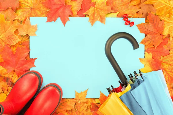 Feuilles Automne Cadre Avec Bottes Caoutchouc Rouge Parapluie Bannière Feuillage — Photo