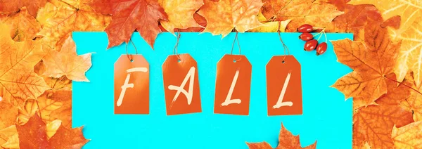 Fall Text Prislappar Med Lönnlöv Bakgrund Banner Höstförsäljning — Stockfoto