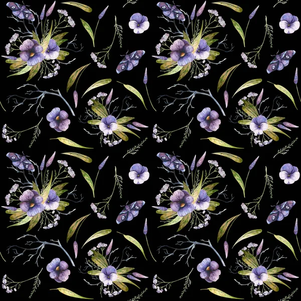 Watercolor Autumn Pattern Flowers Black Background — Stock Photo, Image
