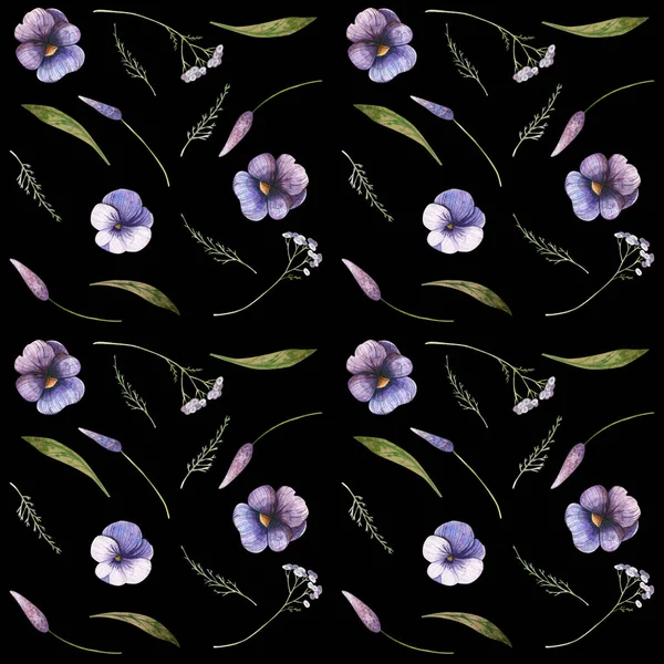 Watercolor Autumnal Pattern Flowers Black Background — Stock Photo, Image