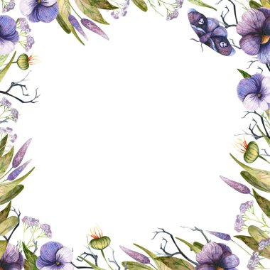 Suluboya Cadılar Bayramı çerçevesinde kelebek ve kır çiçekleri 