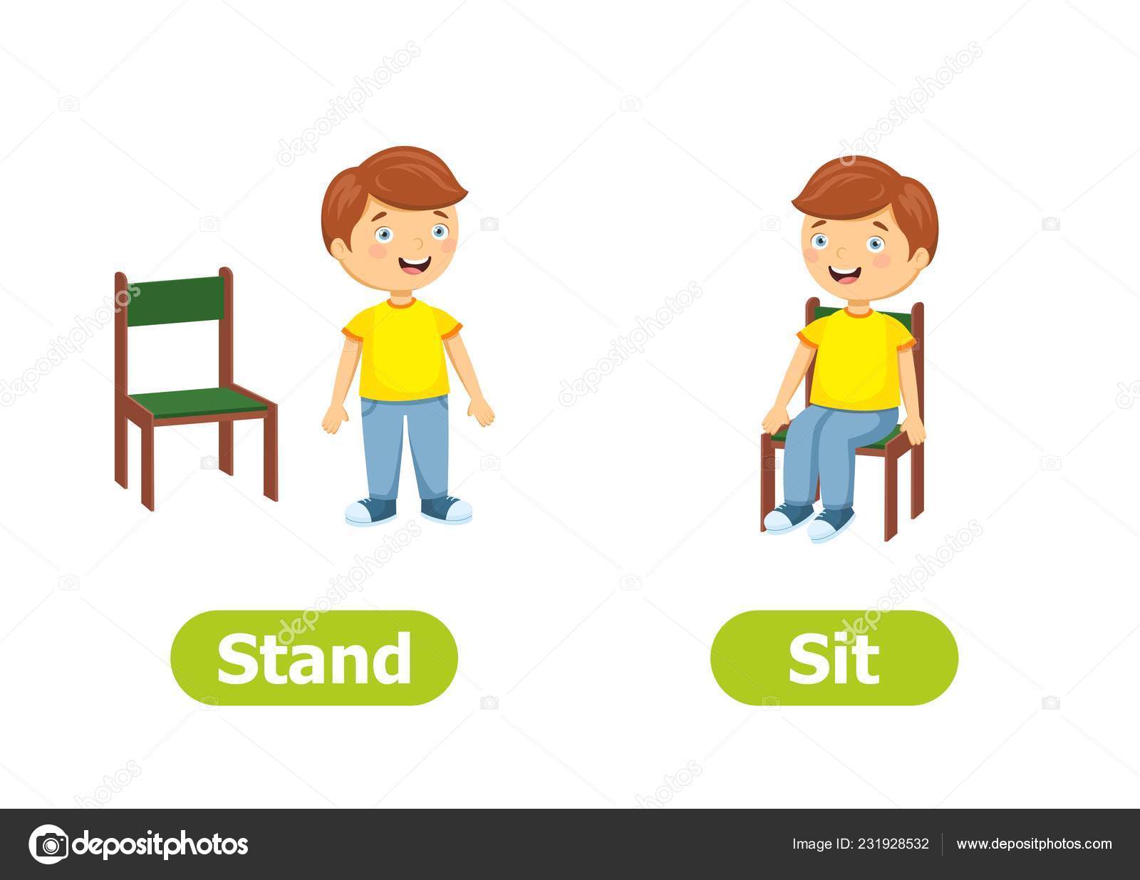 Vector Antonyms Opposites Stand Sit Cartoon Characters Illustration White  Background Stock Vector by ©nizovatina 231928532