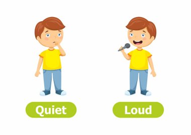 Vektör zıt anlamlı ve karşıtların. Sessiz ve yüksek sesle. Çizgi film karakterleri çizimde beyaz arka plan üzerinde. Kart çocuklar için bir yabancı dil öğrenme için bir öğretim yardımı kullanılan. 