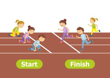 Vektör zıt anlamlı ve karşıtların. Başlangıç ve bitiş. Çizgi film karakterleri çizimde beyaz arka plan üzerinde. Kart çocuklar için bir yabancı dil öğrenme için bir öğretim yardımı kullanılabilir. 